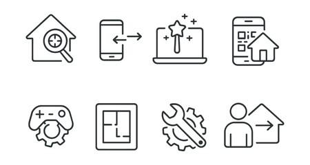 Line style icons of smart home setup: home scan icon, device pairing, initial setup wizard, QR device scan, system calibration, layout map, configuration tool, onboarding icon.