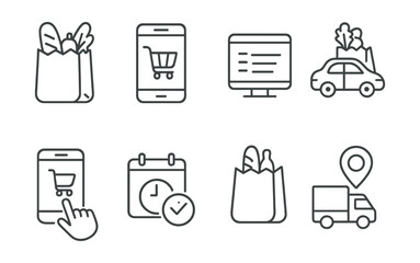 Line style icons of online grocery: delivery bag, app shopping cart, online list, grocery pickup, smartphone order, schedule delivery, order confirmed, delivery ETA.