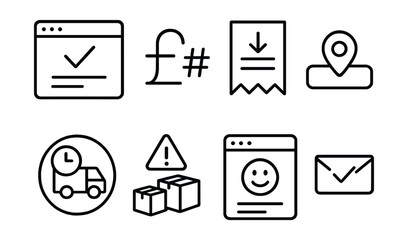 Line style icons of online marketplace: order confirmation page, order number symbol, receipt download icon, order tracking button, estimated delivery badge, split shipment alert, thank-you for order