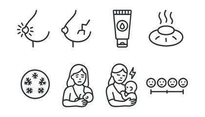 Line style icons of breastfeeding: sore nipple icon, cracked skin icon, nipple cream, warm compress, cold gel pad, breastfeeding discomfort icon, nursing struggle symbol, pain scale icon.