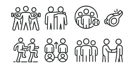 Line style icons of group training: group fitness class, workout buddy, team sports symbol, coach whistle, synchronized workout, shared progress icon, fitness community, training partner.