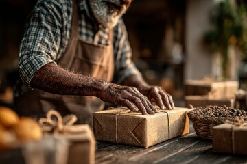 Craftsman Wrapping a Gift with Natural Materials in a Rustic Setting