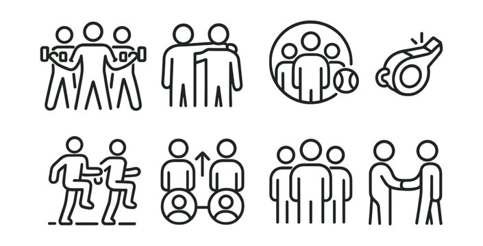 Line style icons of group training: group fitness class, workout buddy, team sports symbol, coach whistle, synchronized workout, shared progress icon, fitness community, training partner.