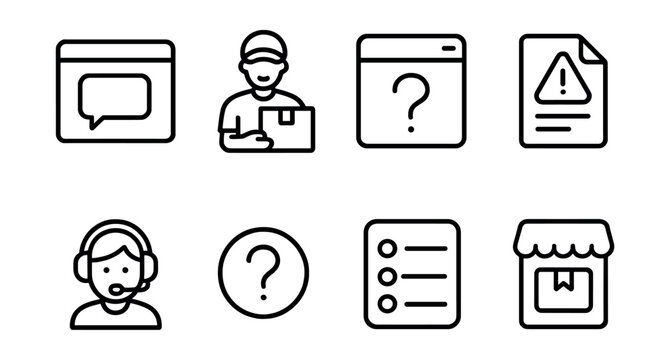Line style icons of logistics app UI: support chat window, contact courier button, help tab in app, issue report icon, chat with agent screen, FAQ button badge, support options list, delivery help