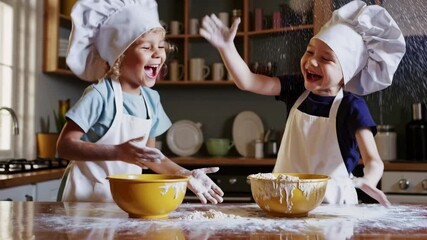 Joyous baking adventure: two kids in chef hats and aprons playfully making a mess with dough in a kitchen