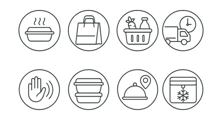Line style icons of food and grocery delivery in circles: hot meal box, delivery bag, grocery basket, scheduled delivery, contactless icon, reusable container, food tracking, insulated pack.