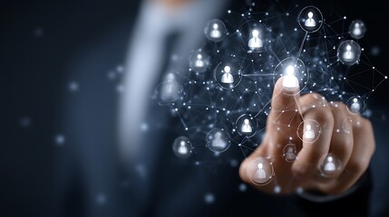 HR, Human resources, Recruitment and talent management, Businessman touching digital network structure, Focusing on recruitment and effective team management with digital HR network for team success