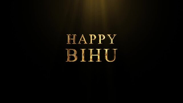 luxury Happy Bihu golden text intro with black background, 