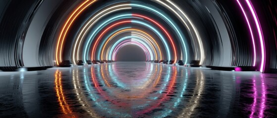 Obraz premium Abstract Neon Tunnel with Glowing Circles and Reflections