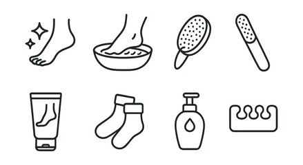 Line style icons of body care: clean feet icon, foot bath bowl, pumice stone, nail file, heel cream, soft socks icon, massage oil, toe separator.