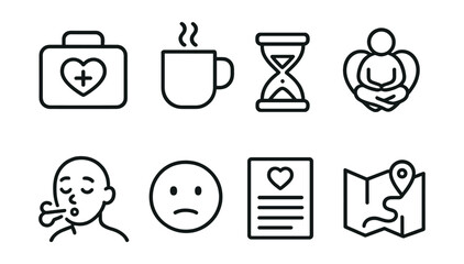 Line style icons of emotional recovery: emotional first aid kit, warm drink cup, mini break timer, sit with feeling symbol, deep sigh icon, name emotion face, comfort plan sheet, recovery map.