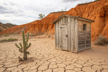 Arid landscape with rustic outhouse and cactus in desert environment for travel and nature photography