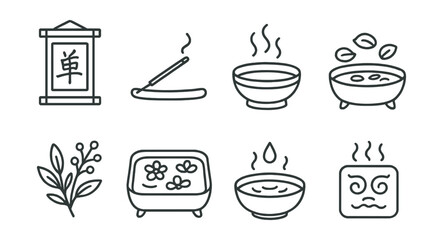 Line style icons of Japanese bath: zen calligraphy scroll, incense stick holder, wooden aroma tray, floating petals in tub, scented herbs icon, flower bath setup, cleansing ritual bowl, traditional