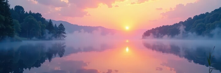 Fototapeta premium A rainbow-colored mist rising from a tranquil lake surface, lake, soothing, colors
