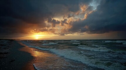 Fototapeta premium Dramatic Golden Hour Waves Crashing on Beach Under Stormy Sky.