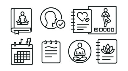 Line style icons of yoga and breathwork: yoga logbook, daily check-in icon, breath journal, pose tracker, weekly rhythm icon, breath notes icon, self-reflection icon, mindful planner.
