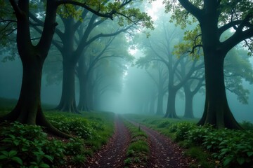 Obraz premium Foggy forest trail winding through ancient trees, atmosphere, trees, mist