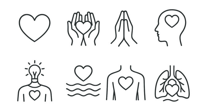 Line style icons of meditation and mindfulness: loving-kindness heart, compassion hands, gratitude symbol, kind thought icon, light to self, empathy wave, open chest icon, heart breath.