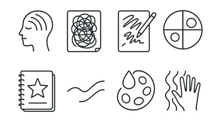 Obraz premium Line style icons of emotional recovery: stress relief sketch, scribble release page, expressive drawing icon, color and emotion chart, creative journaling, calming stroke, tear in art symbol, hand