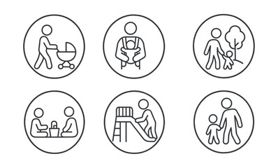 Line style icons of family and parenting: stroller walk icon, baby carrier front pose, walk in park ring, outdoor time with child, fresh air and nap icon, picnic with toddler, playground moment,