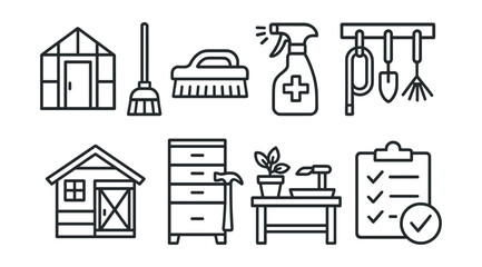 Line style icons of garden and greenhouse: greenhouse cleaning tools, bench scrub brush, disinfecting spray, storage hooks, garden shed icon, tool cabinet, potting station, cleanliness checklist.