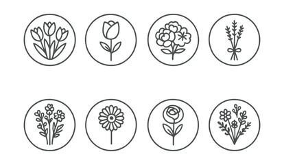 Line style icons of mini and mono bouquets: small tulip bunch in circle, single rose wrap icon, round mono peony bouquet, lavender bundle in ring, compact wildflower bunch, solo gerbera bloom, mono