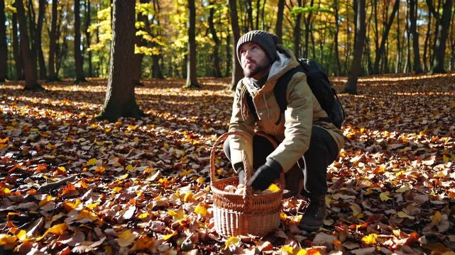 Autumn forest foraging: person collecting mushrooms amidst vibrant fallen leaves
