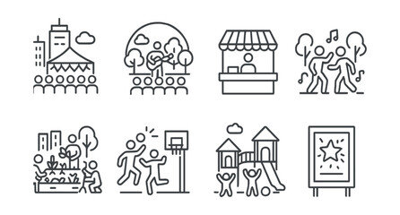 Fototapeta premium Line style icons of urban life: city festival icon, concert in the park, food fair booth, people dancing outdoors, urban garden with community, sports in city square, kids play zone, local event