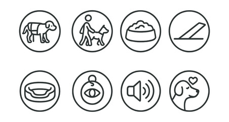Line style icons of pets at home: senior pet support, gentle walk icon, soft food bowl, mobility ramp symbol, cozy orthopedic bed, vision aid tag, calm sound icon, memory care circle. Circular icons