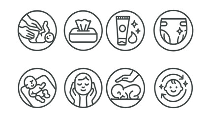 Line style icons of family and parenting: diaper change icon, soft wipe symbol, diaper cream ring, fresh diaper badge, baby changing pad, gentle hands icon, baby hygiene moment, clean care cycle.