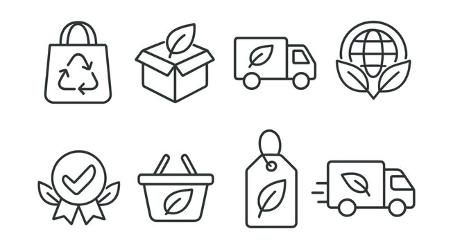 Line style icons of eco delivery: eco-conscious brand icon, leaf in box symbol, green delivery promise, climate pledge badge, green seal of trust, consumer eco option icon, sustainability commitment