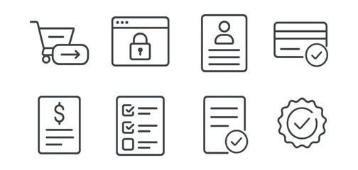 Line style icons of online marketplace: buy now, secure checkout page, address form icon, payment method selector, billing summary icon, delivery options list, final confirm order icon, processing