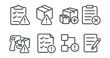 Line style icons of inventory management: error alert icon, missing item warning, duplicate entry symbol, stock mismatch badge, failed scan icon, alert log list, discrepancy check, issue resolution