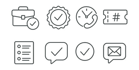 Line style icons of delivery support: case closed icon, issue resolved badge, support response time clock, ticket number label, resolution steps list, final confirmation bubble, resolved status icon,