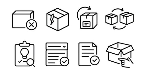 Line style icons of delivery support: wrong item icon, damaged box badge, return shipment label, item exchange request, faulty product report, return reason dropdown, quality issue form, repackage