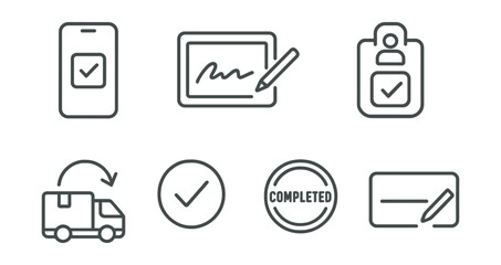 Line style icons of logistics app UI: delivery confirmation screen, signature pad icon, delivery photo proof button, name confirm badge, successful drop-off message, end-of-delivery tick, completion