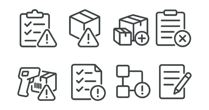 Line style icons of inventory management: error alert icon, missing item warning, duplicate entry symbol, stock mismatch badge, failed scan icon, alert log list, discrepancy check, issue resolution