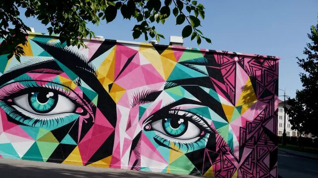 Vivid mural unveiled: eyecatching street art animation against urban backdrop