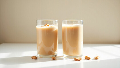 Peanut butter milkshake in glasses on white table with peanuts  