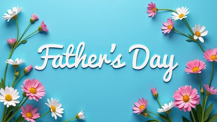 A colorful Father's Day card featuring the text 'Father's Day' surrounded by pink and white flowers on a blue background. Perfect for celebrating fathers.