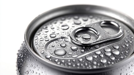 Chilled Can Silver Drink Can with Condensation on White Background.
