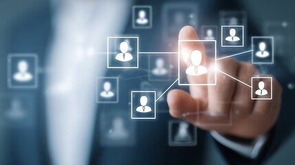 Human resource management technology (HR), Human resource manager touching human resource network structure and checks the CV online to choose the perfect employee for company, Effective recruitment