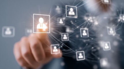 Human resource management technology (HR), Human resource manager touching human resource network structure and checks the CV online to choose the perfect employee for company, Effective recruitment