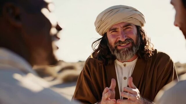 Friendly desert conversation: two men share cultural insights under the sun