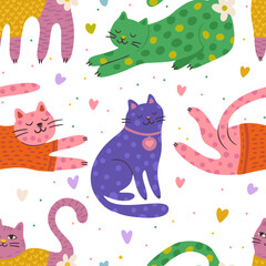 Whimsical Cat Cute Pet Seamless Pattern Love Heart Background Magic Vector Flat Quirky Dreamy Animal