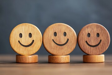 Three wooden circles with smiling faces representing positive customer feedback and satisfaction