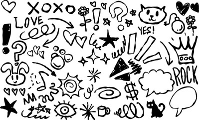 Doodle sketch with symbols of love, fun, and music. Hand drawn elements include hearts, stars, arrows, and swirls.