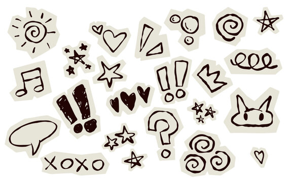 Scrapbook doodle set. Collection of sketch handdrawn scribble heart, star, mark, sign for journal. Chalk or ink craft paper cutout for scrapbook dairy