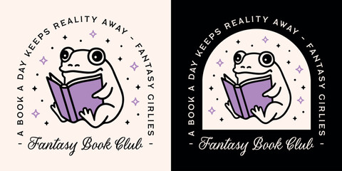 Fantasy book club lovers dark romance funny quotes sayings girl badge sticker shirt design. Cute animal frog reading illustration drawing girly retro magic witchy purple black aesthetic poster print.