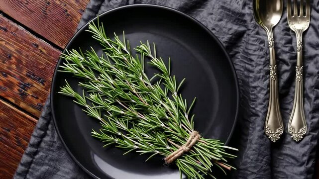 Elegant table setting with fresh rosemary on black plate with rustic utensils